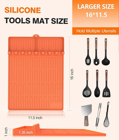 Silicone Griddle Tools Mat for Blackstone - Large Silicone Spatula Mat with Drip Pad - Griddle Mats BBQ Grill Accessories - Side Shelf Mats Grill Pad for Blackstone Griddles Accessories(Orange)