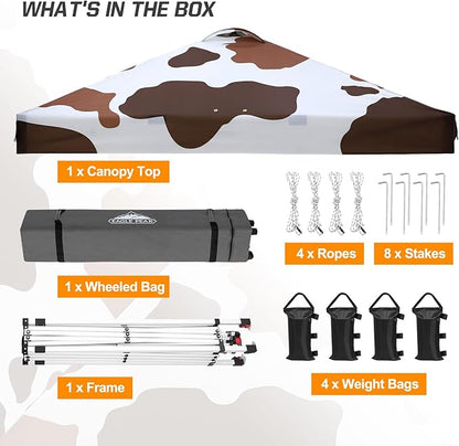 EAGLE PEAK Pop Up Canopy Tent with Wheeled Carry Bag, 8 Stakes, 4 Ropes, 4 Weight Bags, Easy Set Up Tent Canopy, 10x10 ft, 100sqft of Shade, Brown Cow Print