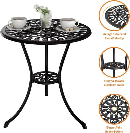 Outdoor Bistro Table and Chairs Set of 2, 3 Piece Patio Bistro Set w/Umbrella Hole, Rust-Resistant Cast Aluminum Bistro Set for Garden/Balcony/Backyard, Black