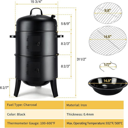 TCFUNDY 32" Vertical Charcoal Smoker Grill, Heavy-Duty BBQ Grill with Built-in Thermometer, 3 in 1 Grill and Smoker, Portable Meat Cooker with Air Vent for Outdoor Barbecue Cooking