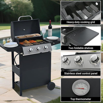 Endark Propane Gas Grill 3-Burner,26,000 BTU Stainless BBQ Grill with Porcelain-Enameled Cooking Grates,Built-In Thermometer,Includes Side Shelf and Wheels,Ideal for Backyard,Patio,Outdoor Cooking