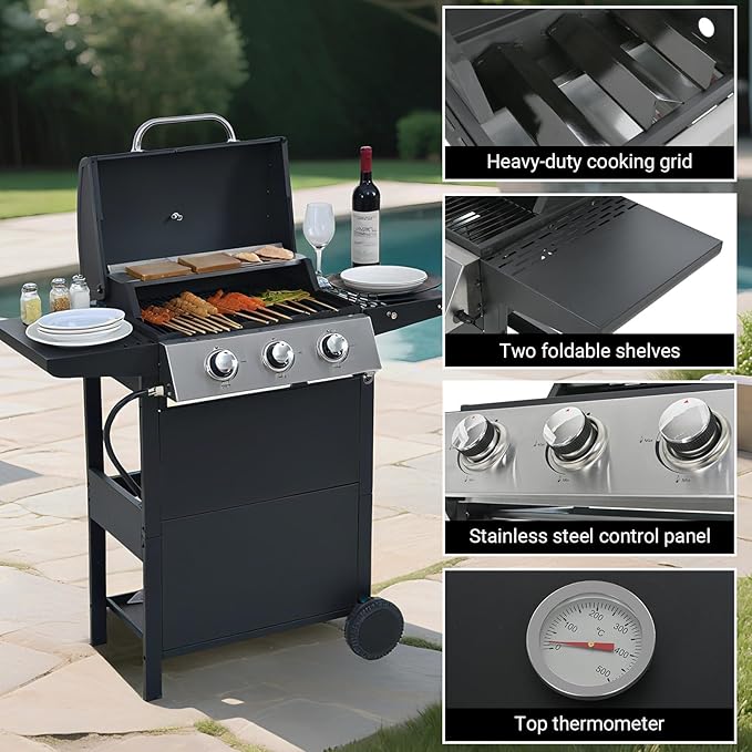 Endark 26,000 BTU 3-Burner Propane Grill with stainless steel design, enamel grates, built-in thermometer, and movable side rack. Ideal for all outdoor cooking