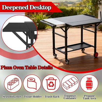Grill Table for Oon Pizza Oven Accessories, Ninja Pizza Oven Table with Extendable Desk - Fit Gozney, Solo Stove, Durable Outdoor Grill Cart Stand with Food Prep Topping Station for Backyard