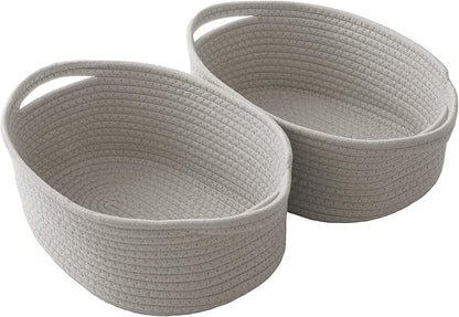 Woven Basket,Small Rope Storage Bin with Handles & Ribbon Bag, Organizer for Shelves Closets,Gift Basket Empty for Birthday,Books,Dog Toys, Grey/2 Pack