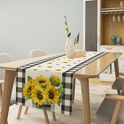 Morden Sunflower Table Runner,White Black Buffalo Plaid Watercolor Summer Flower Plants Leaves Print Table Runner for Kitchen Dining Table Holiday Home Party Decor 13x36in