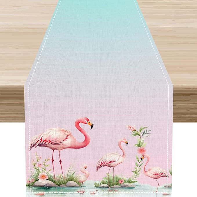 Flamingo Table Runner,Teal Pink Flamingo Family with Flowers Grass Watercolor Style Table Center Decor for Family Kitchen and Living Room Outdoor Farmhouse Party Table Decorations, 13"x108"
