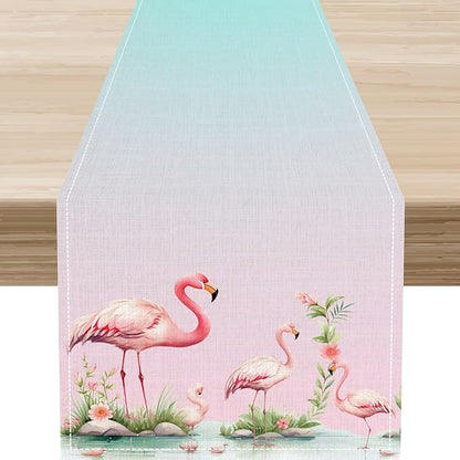 Flamingo Table Runner,Teal Pink Flamingo Family with Flowers Grass Watercolor Style Table Center Decor for Family Kitchen and Living Room Outdoor Farmhouse Party Table Decorations, 13"x36"