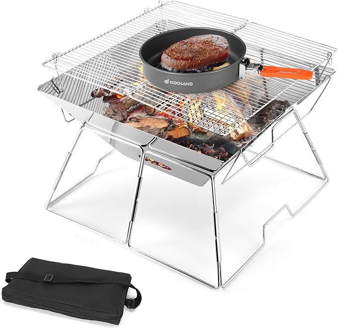 Odoland Folding Campfire Grill, 304 Stainless Steel Grate Barbeque Grill, Portable Camping Grill with Legs for Picnics, Backpacking, Outdoor with Carrying Bag and Kitchen Tongs