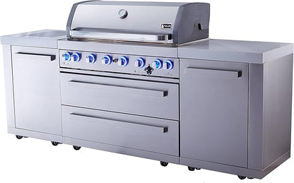 Mont Alpi MAi805 6-Burner 115000 BTU 44-inch Original Series Stainless Steel Outdoor Kitchen Modular Island Gas Grill + Infrared Side & Rear Burners + Granite Countertops + Storage Cabinets & Drawers