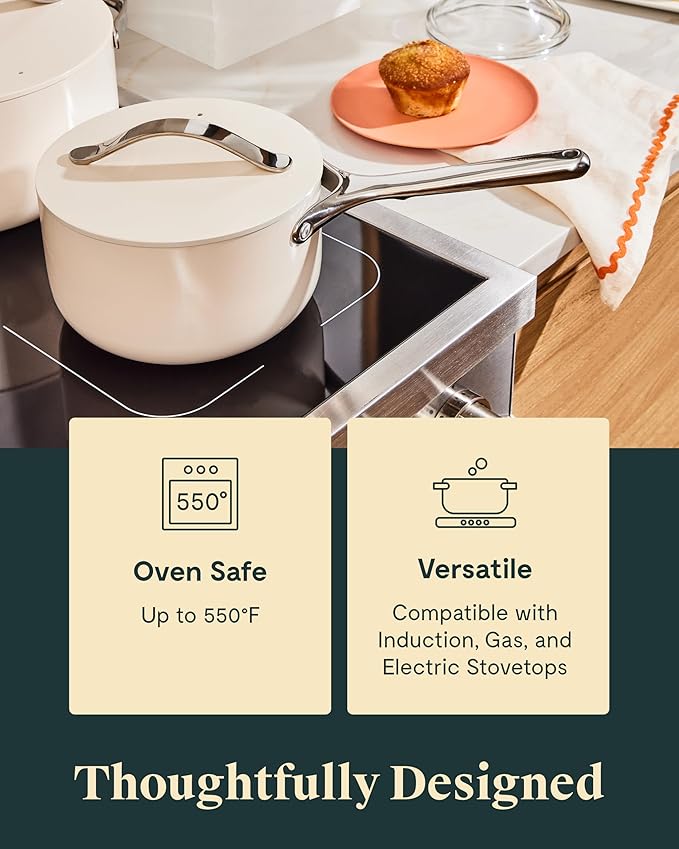 Caraway Nonstick Ceramic Sauce Pan with Lid (3 qt) - Non Toxic, PTFE & PFOA Free - Oven Safe & Compatible with All Stovetops (Gas, Electric & Induction) - Black