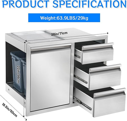 Outdoor Kitchen Drawer Combo, Stainless Steel Triple Drawer Cabinet with Built-in Trash Drawer & Two Trash Cans, 28" W x 22" H x 19.5" D Outdoor Kitchen Storage for BBQ Grill Islands