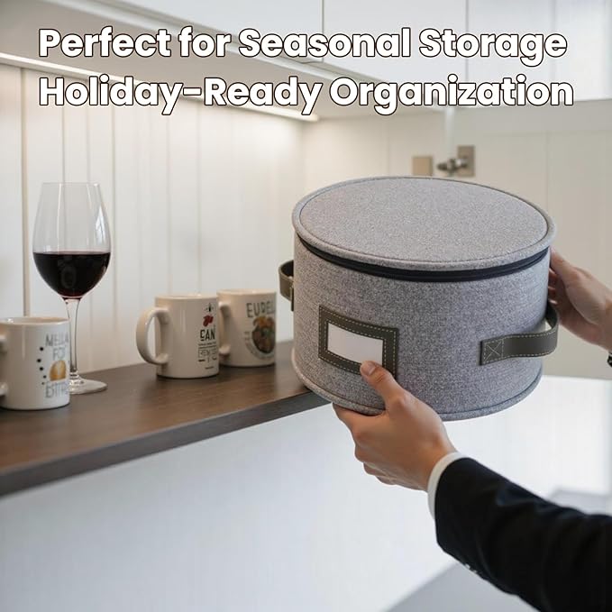 HOMELUX THEORY Saucer Plate Storage Box, 2pc LightGray Hard Shell China Storage Containers Thick Lid & 24 Felt Pads, Heavy Duty Moving Box with Handles for Dishes, Dinner Plate, & Dinnerware