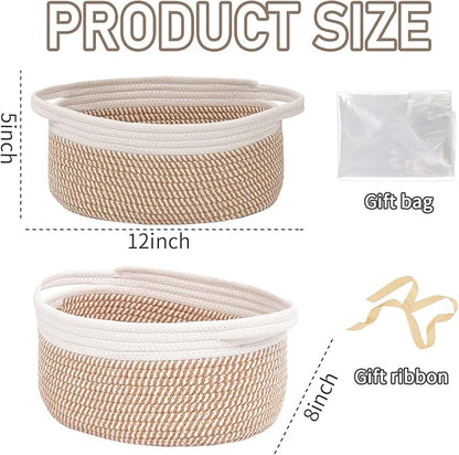 Woven Basket,Small Rope Storage Bin with Handles & Ribbon Bag, Organizer for Shelves Closets,Gift Basket Empty for Birthday,Books,Dog Toys, White&Brown Block/2 Pack