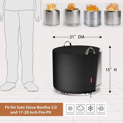 QH.HOME Fire Pit Cover Round for Solo Stove Bonfire 19", Waterproof Smokeless Fire Pit Cover, 600D Strong Tear Resistant, Fits for Gas/Table/Bowl Fire pits - 21" D X 15" H