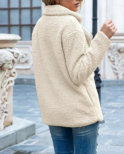 Women's Winter Warm Plush Cardigan Fuzzy Fleece Lapel Jacket with Buttons Pockets Long Sleeve Casual Outerwear
