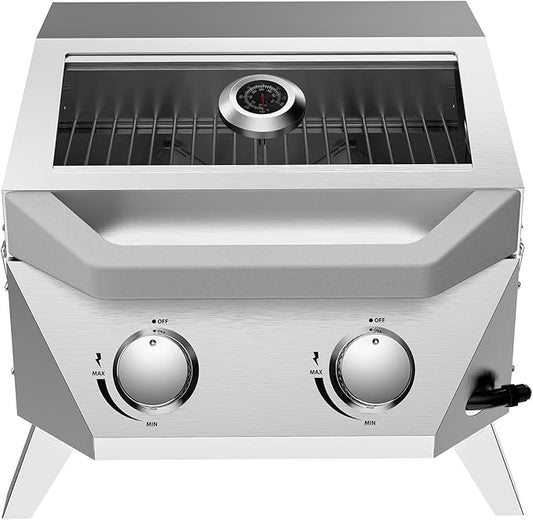 BESTFIRE 2-Burner Tabletop Propane Grill, 20000 BTU Stainless Steel Portable BBQ with Viewing Glass Lid, Built-in Thermometer & Push-Button Ignition for Patio, Camping, RV & Tailgating