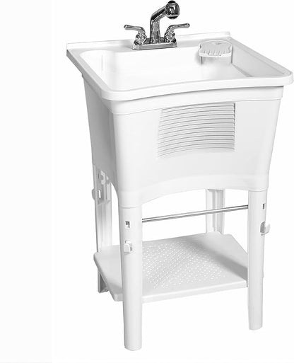 Zenna Home Utility Sink for Laundry Room and Garage, Freestanding Laundry Sink for Garage or Kitchen, Indoor & Outdoor Utility Tub with Pull-Out Faucet, Towel Bar, 24" W x 24" D x 36.75" H, White