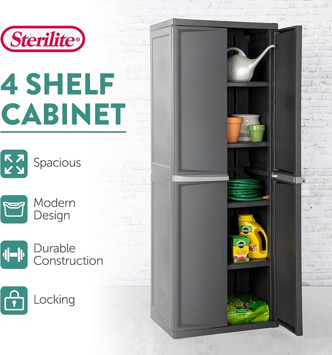 Sterilite 4 Shelf Cabinet, Lockable Utility Storage, Laundry Room or Mudroom - Image 3