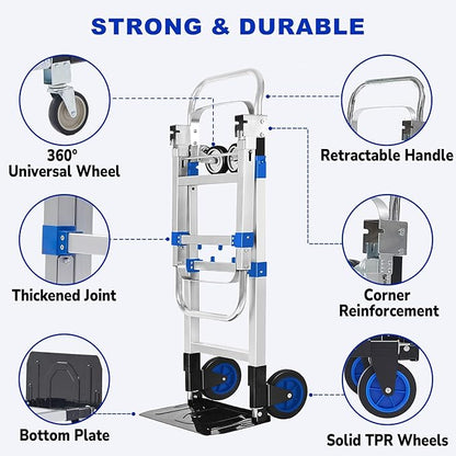 Upgraded 3 in 1 Aluminum Folding Hand Truck, 600lbs Capacity, Heavy Duty Convertible Dolly with Retractable Handle and 4 Rubber Wheels, Collapsible Cart for Moving Home, Office, Warehouse (Blue)