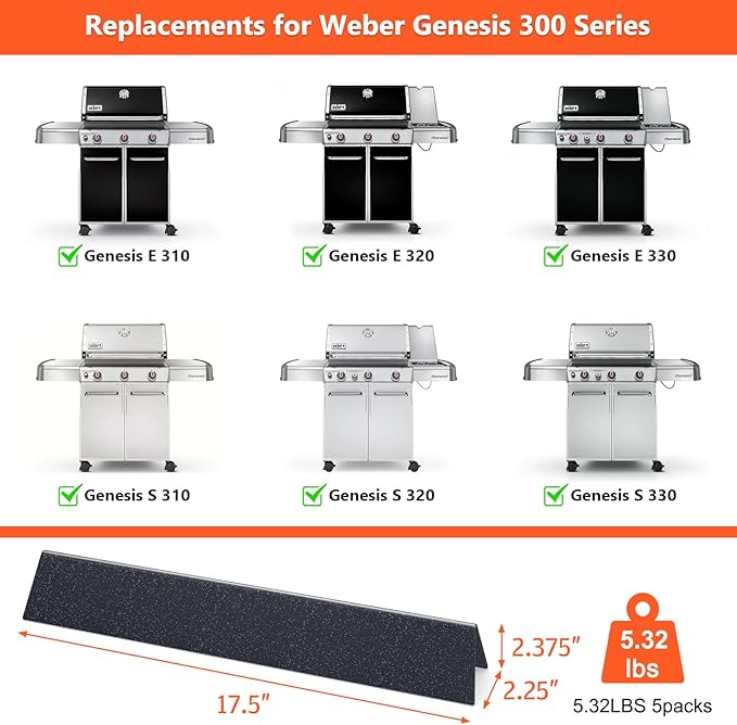 QuliMetal 17.5 Inch Flavorizer Bars for Weber Genesis 300 310 E310 E320 E330 S310 S320 S330 Grills with Front Controls Knobs, Porcelain Steel Heat Plates for Weber Genesis Grill Parts 7620 7621