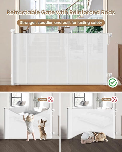 Retractable Baby Gate, 55" Wide Mesh Gate with 4 Reinforced Rods, Prevents Kids & Dogs from Crawling Under, 34" Tall Easy-to-Use Pet Gate for Stairs, Bedrooms, Hallways, Indoor/Outdoor, White