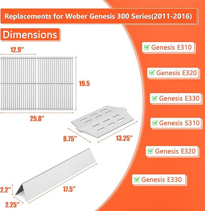 Stainless Steel 7524 Grill Grates & 7621 Flavorizer Bars, 65505 Heat Deflectors for Weber Genesis 300 Series with Front Control Knob, Replacement for Genesis E310 S310 E/S320 E/S330 Gas Grills