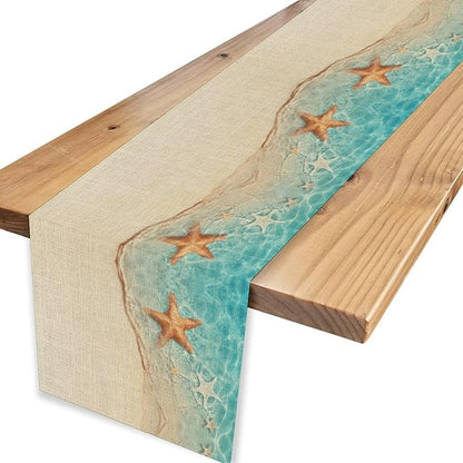 Summer Ocean Starfish Table Runner, Tropical Coastal Blue Sandy Clear Sea Water Waves Coffee Table Center Deco, for Family Kitchen and Living Room Farmhouse Party Table Decorations, 13" X 36"