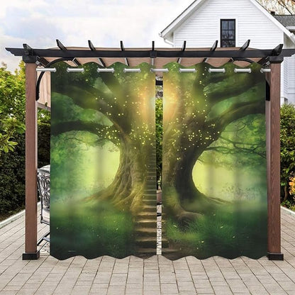 Fantasy Theme Outdoor Curtains for Patio Waterproof,Forest Pattern,Waterproof, Privacy, Grommet Curtains for Patio, Pergola, Porch, Deck, Lanai, Cabana,Set of 2 Panels,W54 x L108,Green