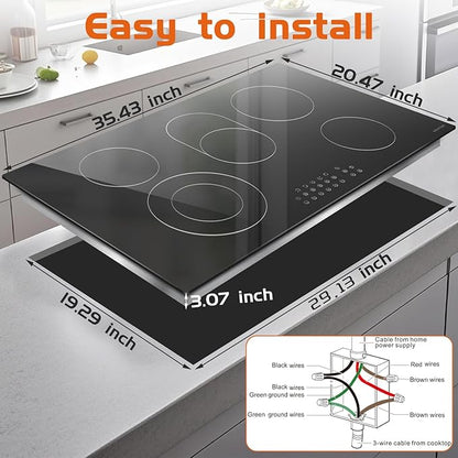 Noxton 36 Inch Electric Cooktop 5 Burner Electric Stove Top, Built-in Radiant Ceramic Cooktop with Extended Zone, Sensor Touch Control, Child Safety Lock, Timer, Pause, 8400W 240V Hard Wire