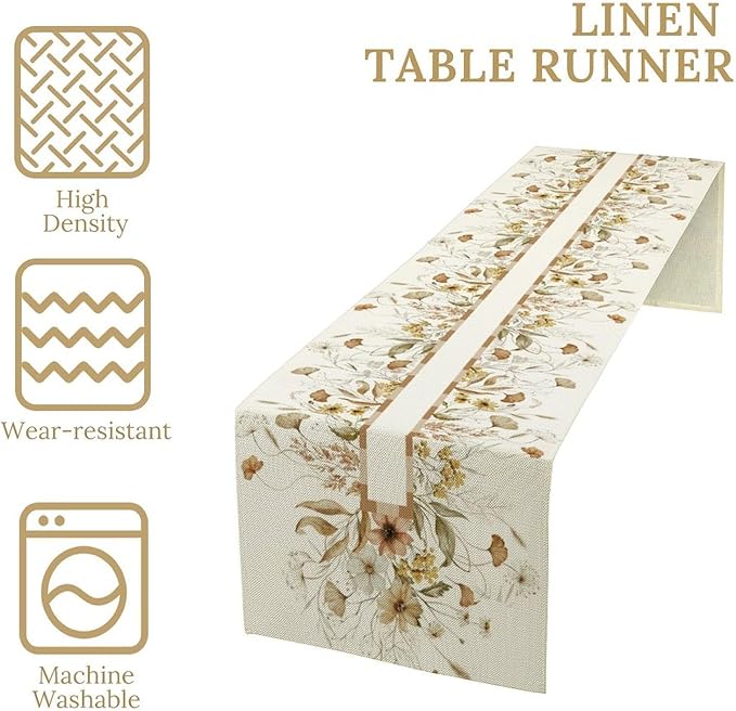 Autumn Wildflower Table Runner, Fall Yellow Flowers Leaves Thanksgiving Table Runner for Holiday Indoor Outdoor Home Party, 13x70inch