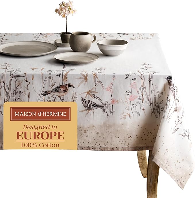Maison d' Hermine Table Cloth Rectangle Table 100% Cotton 60 x 120 Inches Tablecloth Reusable for Dining Room, Farmhouse, Home, Party, Festive & Wedding Spring Summer - Meadow Florals - Brown
