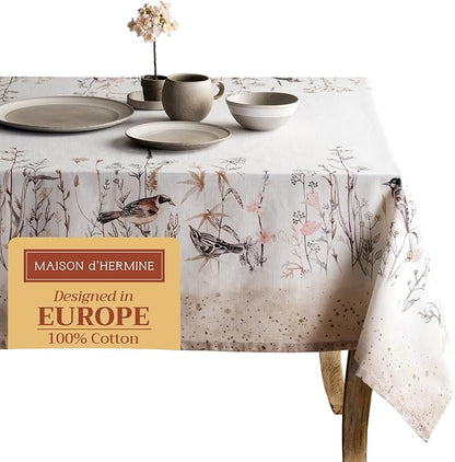 Maison d' Hermine Table Cloth Rectangle Table 100% Cotton 60 x 90 Inches Tablecloth Reusable for Dining Room, Farmhouse, Home, Party, Festive & Wedding Spring Summer - Meadow Florals - Brown