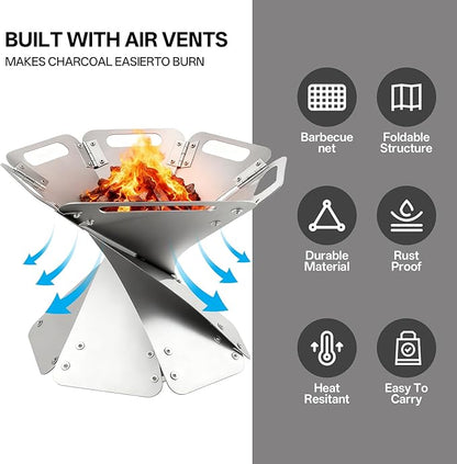 Portable Fire Pit - Foldable Stainless Steel Camping Fire Bowl & Grill - Compact Bonfire Pit for Backyard, Patio, Garden Parties & Camping Trips, 12.6 Inch