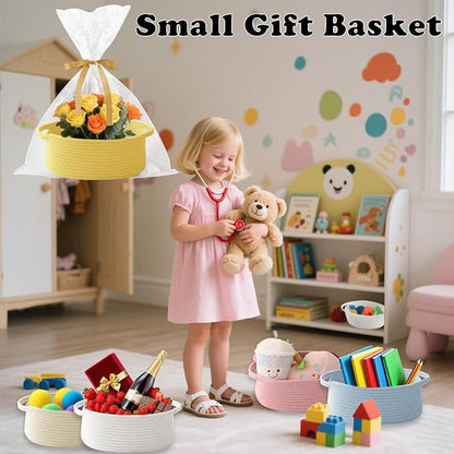 Gift Basket with Gift Bag and Ribbons,Small Rope Woven Shelf Storage,Baskets for Gifts Empty,Birthday,Baby Shower,Decorative Organizer Box with Handles(Yellow)