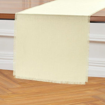 Solino Home Linen Creamy Ivory Table Runner 72 Inches Long - Fringe, 100% Pure Linen 14 x 72 Inch Table Runner for Spring, Easter