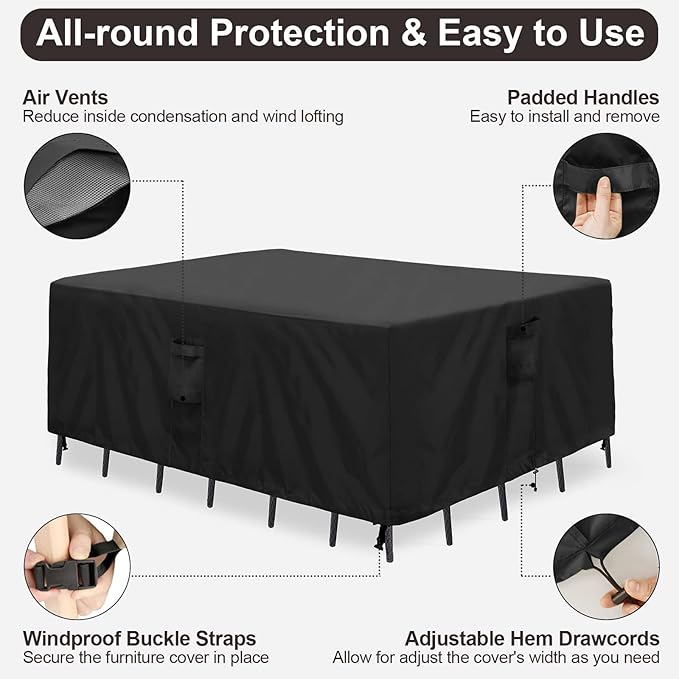 PureFit Patio Furniture Covers, Outdoor Table Furniture Cover Waterproof Rectangle, Patio Sectional Couch Set Cover for Deck, Lawn and Backyard, UV Resistant, 126"L x 63"W x 28"H, Black