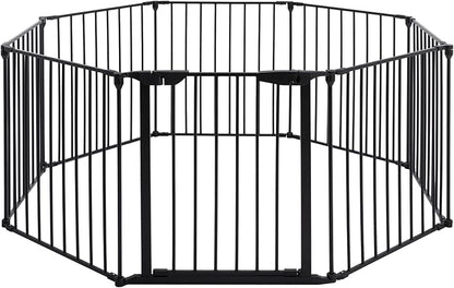 AUXSOUL 196" Extra Wide Baby Gate Metal Safety Playpen - Fireplace Fence for Toddler/Pet/Dog, Max Length 196", 8-Panel (30" H, Black)