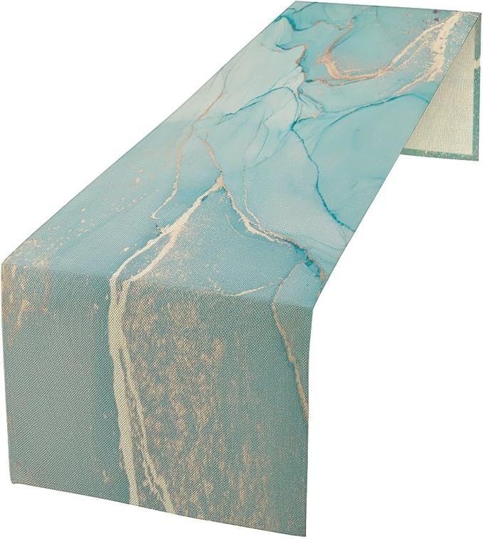 Turquoise Aqua Marble Table Runner, Modern Teal Watercolor Print Table Runner for Coffee Dining Party Wedding Kitchen 13x90in