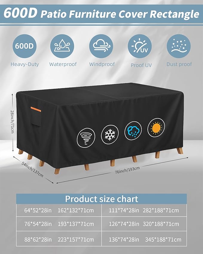 Outdoor Waterproof Furniture Cover, 76W x 54L x 28H inches Heavy Duty 600D Rectangular Table and Chair Set Protection, Black