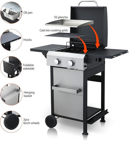 2-Burner Gas Grill, 24600 BTU Portable BBQ with Foldable Side Table & 6" Wheels, Dual-Function Cooking with Baking Rack & Flat Griddle for Outdoor, Patio, Camping & Tailgating
