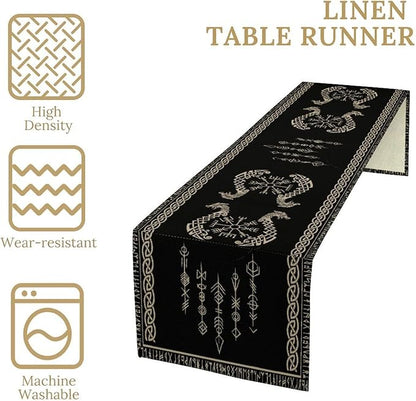 Viking Table Runner, Raven Ancient Rune Dragon Totem Norse Mystical Geometric Table Runner for Kitchen Dining Party Holiday Banquet 13x60in