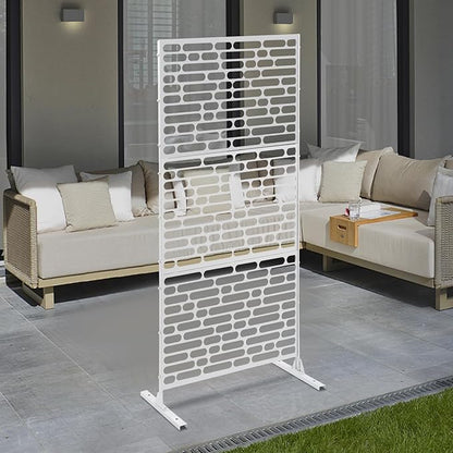 75" H×35" W Decorative Outdoor Privacy Screen with Stand, Outdoor Decor Privacy Fence Screen Metal Fence Panels, Free Standing Metal Divider for Patio Lawn Deck (White-Oval)