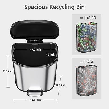 Garvee Stainless Steel Trash Can, 50 L/13 gal Hands Free Garbage Can with Soft Close Lid and Foot Pedal, Metal Kitchen Waste Bin with Inner Bucket for Living Room, Office, D Shape, Silver