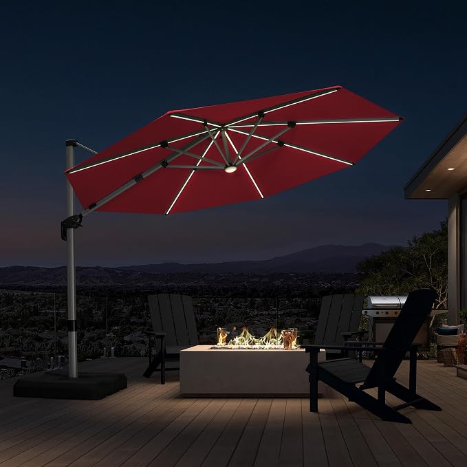 PURPLE LEAF Cantilever Patio Umbrella 11ft Round Solar LED Light, Terra | by PURPLELEAF