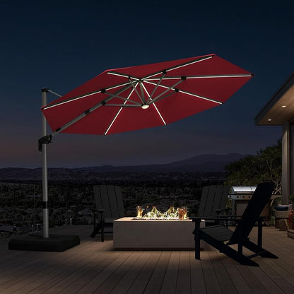 PURPLE LEAF Cantilever Patio Umbrella 11ft Round Solar LED Light, Terra | by PURPLELEAF