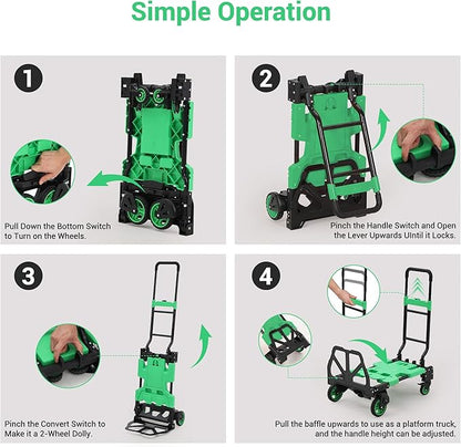 2-in-1 Folding Hand Truck with Basket, Heavy Duty 330LBS Collapsible Cart, Convertible Dolly & 4-Wheel Portable Shopping Cart for Groceries, Travel, Moving - Green