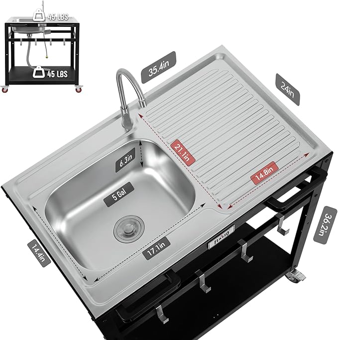 35” Outdoor Grill Cart with Sink, Outdoor Kitchen Sink Station with Hose Hook Up, Free Standing Sink with Wheels, Stainless Steel Sink with Single Bowl, Outdoor Utility Sink with Faucet