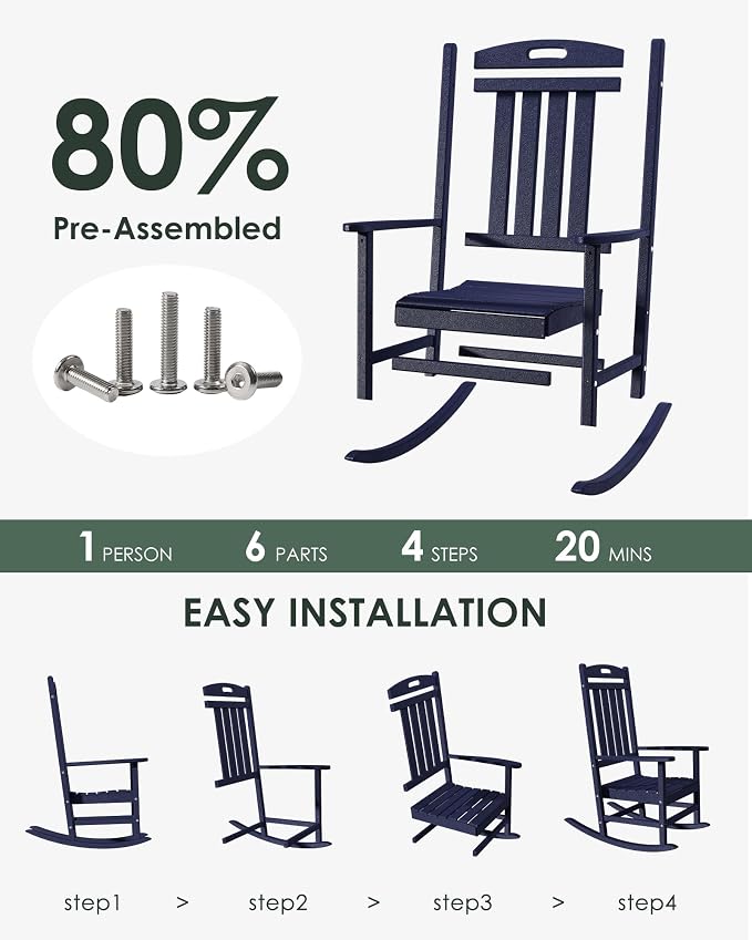 Outdoor Rocking Chair Set of 6, All-Weather Resistant Poly Lumber Rocker Chair - Image 3