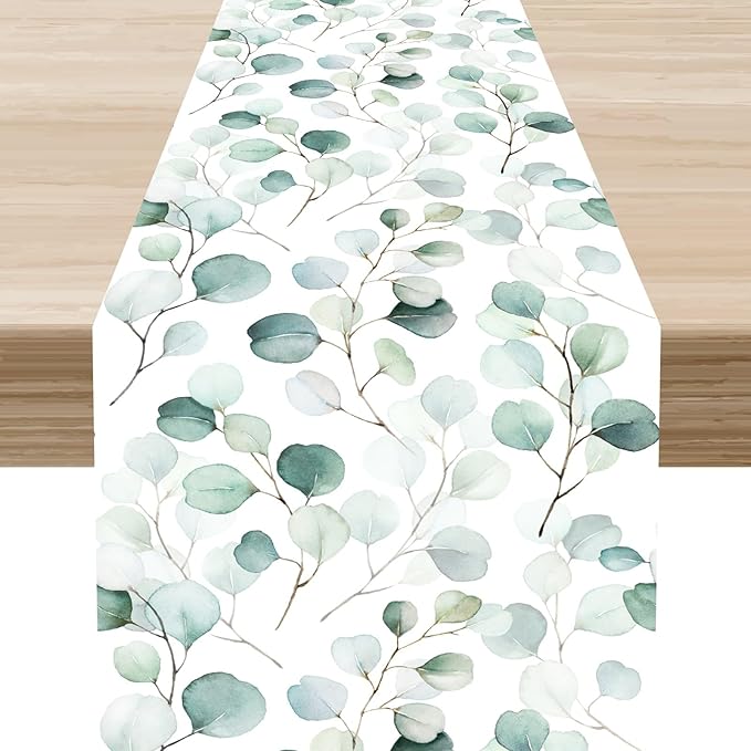 Green Eucalyptus Table Runner, Farmhouse Spring Summer Seasonal Plants Leaves Rustic Country Greenery Cafe Coffee Table Center Decor for Home Kitchen Dining Patio Indoor Outdoor, 13"x108" Inch
