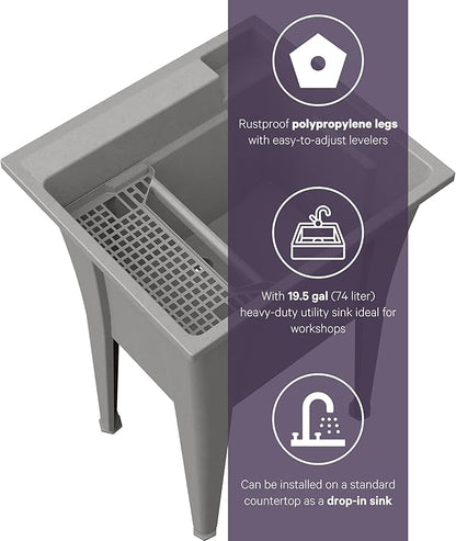Freestanding Utility Sink with One Handle Black Faucet - 24" Plastic Utility Sink for Garage, Laundry, Indoor and Oudoor Use - Laundry Tub Kit by Noah William Home - Grey (19.5 gal)